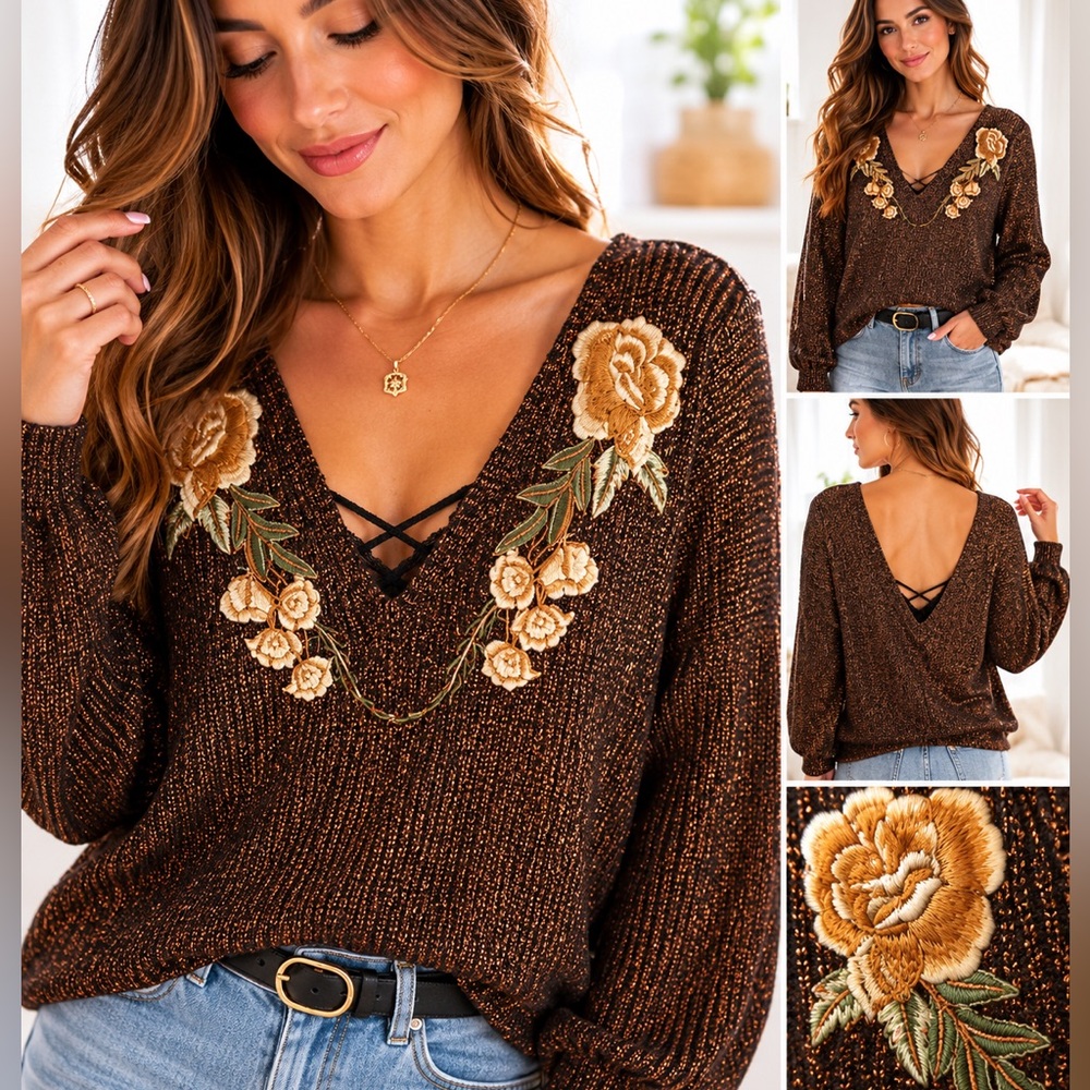 The buckle Gimmicks Embroidered V-Neck Blouse in Brown Copper Metallic weave